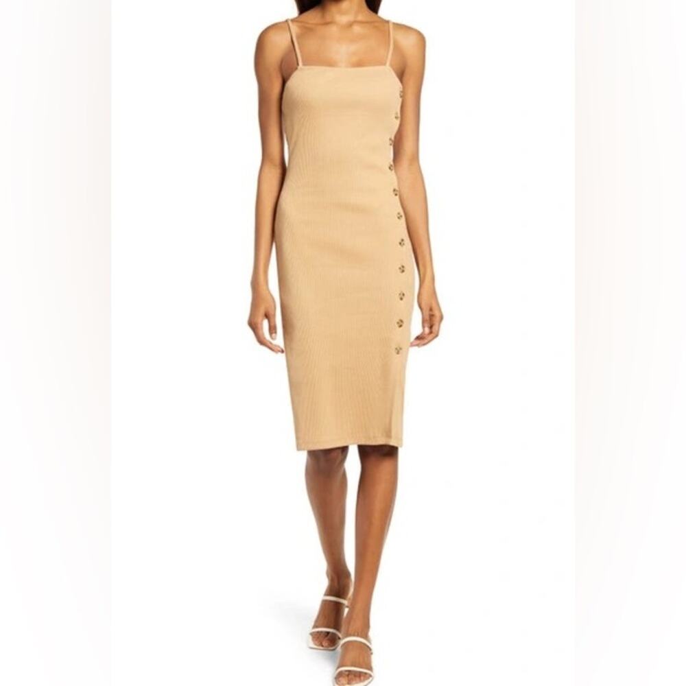 French Connection Tan Ribbed Midi Dress with Side Button Trim